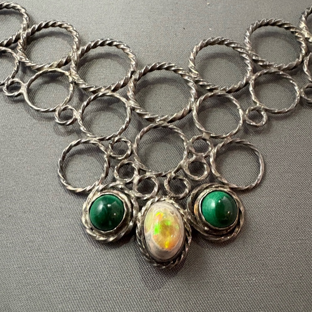 Artisan Silver Necklace with Green Malachite and Opal Accent